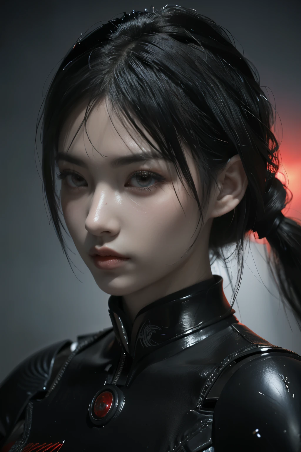 Game art，The best picture quality，Highest resolution，8K，((A bust photograph))，((Portrait))，((Head close-up))，(Rule of thirds)，Unreal Engine 5 rendering works， (The Girl of the Future)，(Female Warrior)， 22-year-old girl，(Female hackers)，(Ancient Oriental hairstyle)，((The pupils of the red eyes:1.3))，(A beautiful eye full of detail)，(Big breasts)，(Eye shadow)，Elegant and charming，indifferent，((Anger))，(Future style silk combat suit combined with the characteristics of Chinese cheongsam，Joint Armor，There are exquisite Chinese patterns on the clothes，A flash of jewellery)，Cyberpunk Characters，Future Style， Photo poses，City background，Movie lights，Ray tracing，Game CG，((3D Unreal Engine))，oc rendering reflection pattern