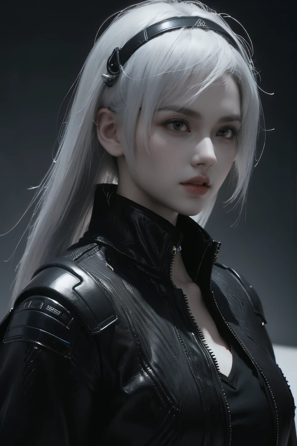 Game art，The best picture quality，Highest resolution，8K，((A bust photograph))，((Portrait))，((Head close-up))，(Rule of thirds)，Unreal Engine 5 rendering works， (The Girl of the Future)，(Female Warrior)， 22-year-old girl，(Female hackers)，(White hair，Ancient Oriental hairstyle)，((The pupils of the red eyes:1.3))，(A beautiful eye full of detail)，(Big breasts)，(Eye shadow)，Elegant and charming，indifferent，((Anger))，(Cyberpunk jacket full of futuristic look，Joint Armor，There are exquisite Chinese patterns on the clothes，A flash of jewellery)，Cyberpunk Characters，Future Style， Photo poses，City background，Movie lights，Ray tracing，Game CG，((3D Unreal Engine))，oc rendering reflection pattern