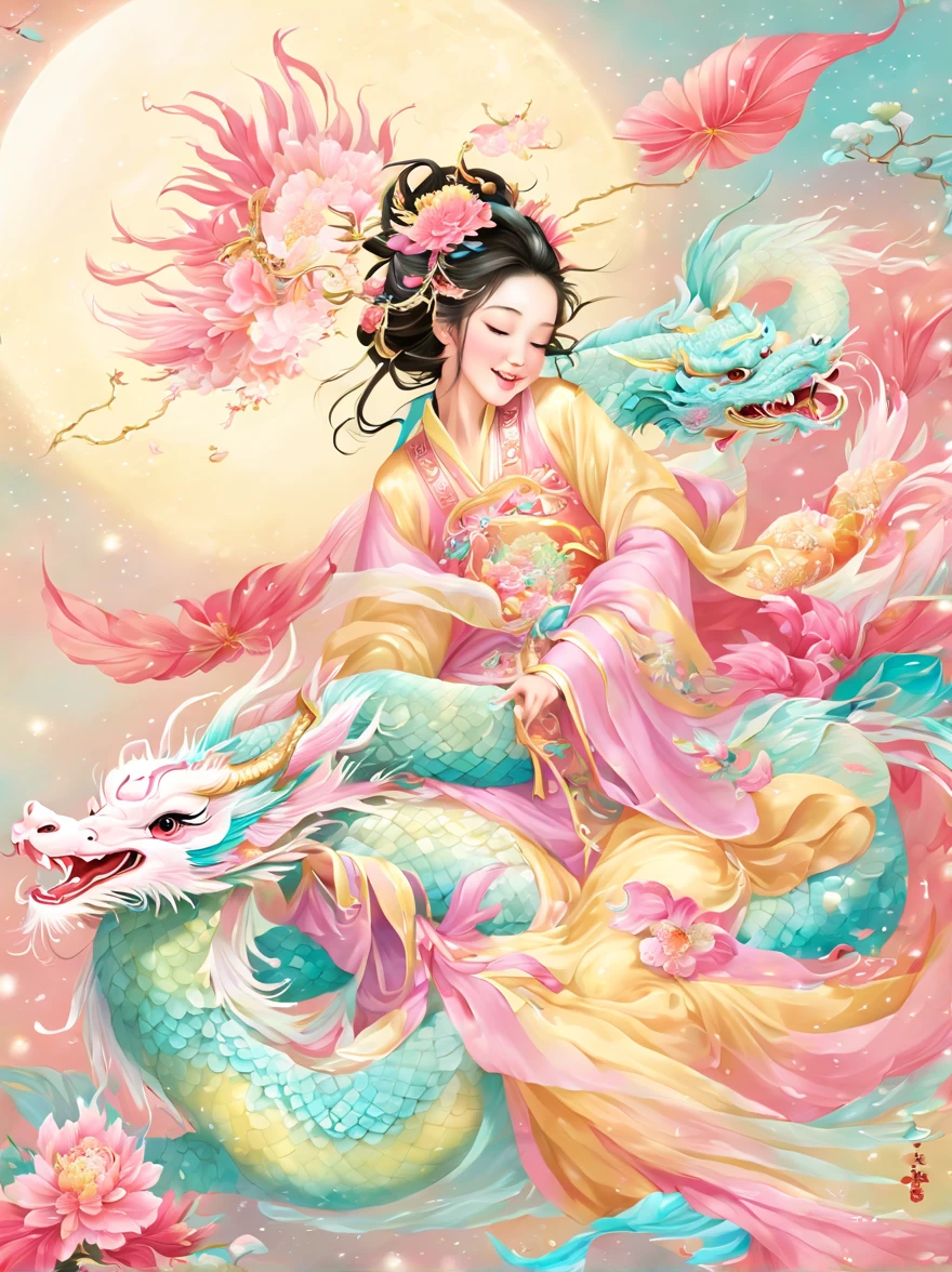 joyful and festive scene featuring a cute and lively 5-year-old ancient Chinese princess embracing a fluffy-textured, mythical Chinese baby dragon. Both are sleeping peacefully. The background is enhanced with festive decorations, such as lanterns, colorful banners, and traditional Chinese motifs, symbolizing celebration and happiness. This scene, rich in ancient Chinese cultural elements, captures a sense of joy and festivity, making the moment between the princess and the dragon even more endearing and magical, (花卉水彩画:1.5), (Ultra high saturation, bright and vivid colors: 1.5), (nsfw), (Facing the viewer: 1.5)，(pastel tone painting: 1.8)