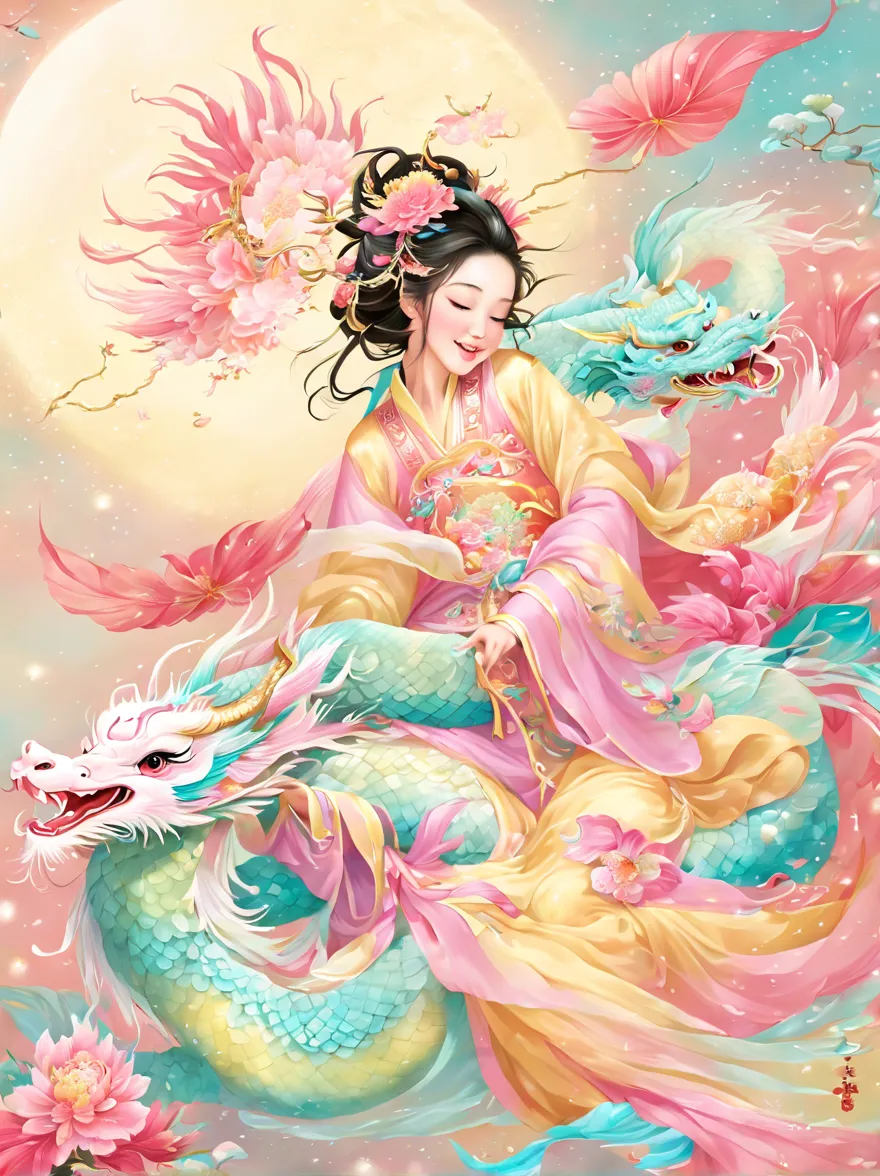 joyful and festive scene featuring a cute and lively 5-year-old ancient chinese princess embracing a fluffy-textured, mythical c...