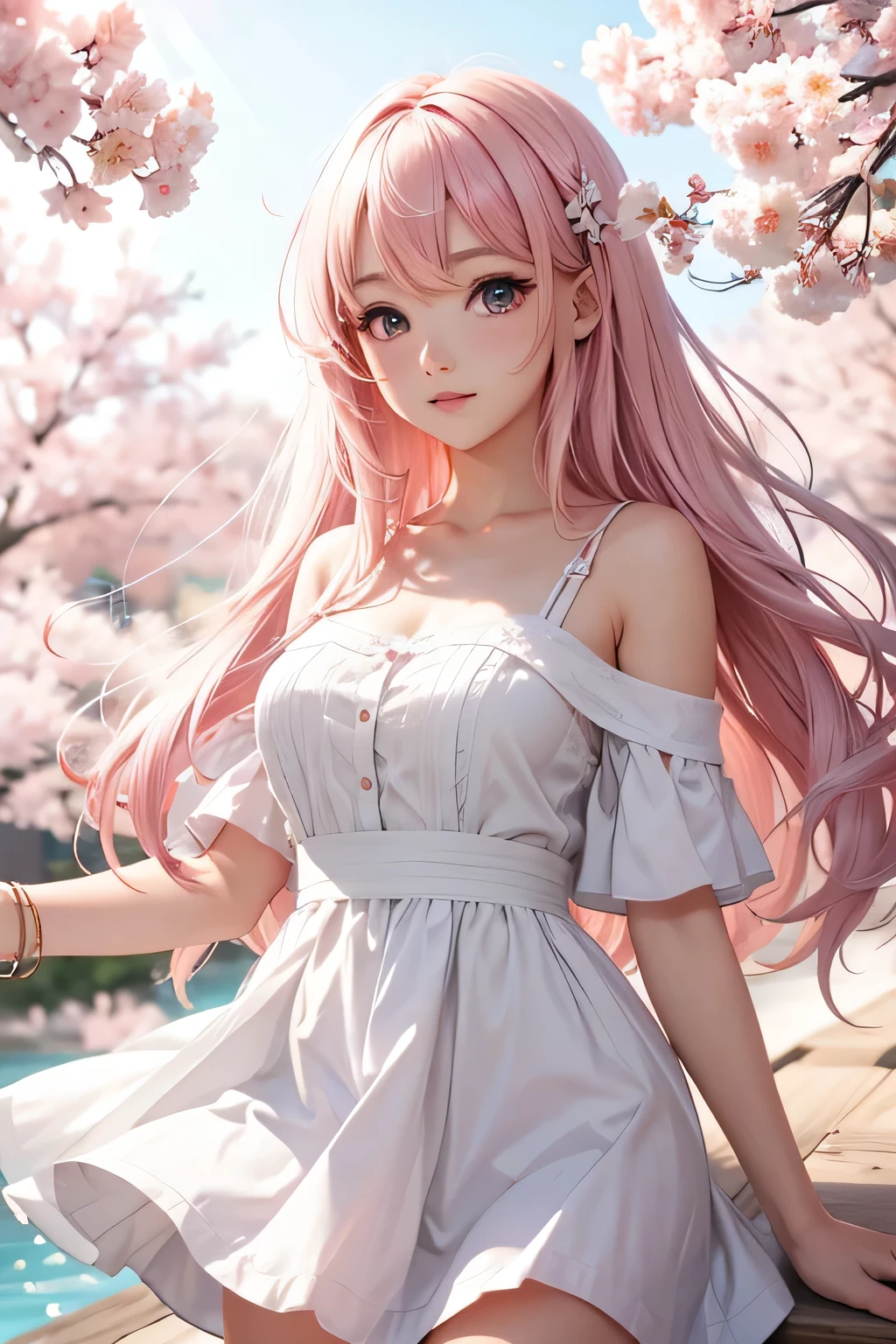 Light pink hair, pink eyes, pink and white, sakura leafs, vivid colors, white dress, paint splash, simple background, ray tracing, wavy hair