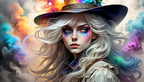 cowboy shot, softly colored, nihilism, dandyism, hard-boiled, hard-boiled mystery, beauty girl head, white long messy hair with below, sharp triangular face, cold long eyes, cool side glance, baroque dressed and pop fantasy hat, fantasy smoke mist, rainbow...