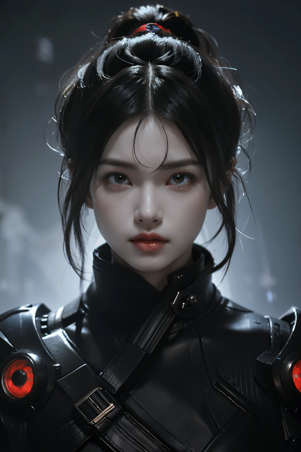 Game art，The best picture quality，Highest resolution，8K，((A bust photograph))，((Portrait))，((Head close-up))，(Rule of thirds)，Unreal Engine 5 rendering works， (The Girl of the Future)，(Female Warrior)， 22-year-old girl，(Female hackers)，(Rainbow hair，Ancient Oriental hairstyle)，((The pupils of the red eyes:1.3))，(A beautiful eye full of detail)，(Big breasts)，(Eye shadow)，Elegant and charming，indifferent，((Anger))，(Cyberpunk jacket full of futuristic look，Joint Armor，There are exquisite Chinese patterns on the clothes，A flash of jewellery)，Cyberpunk Characters，Future Style， Photo poses，City background，Movie lights，Ray tracing，Game CG，((3D Unreal Engine))，oc rendering reflection pattern