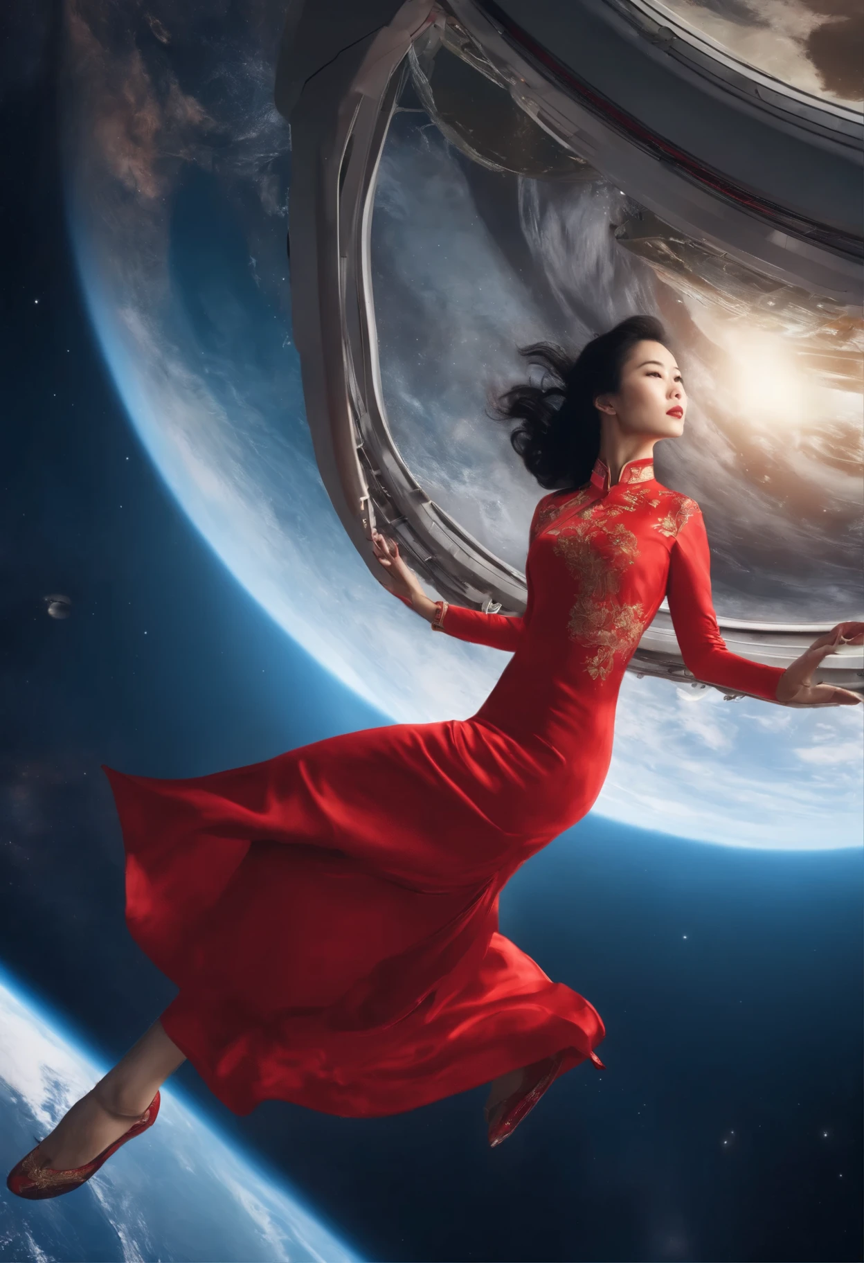 An awe-inspiring digital rendering capturing the sheer beauty of an Asian lady donned in a red cheongsam, suspended motionlessly inside the International Space Station amidst a dreamlike zero-gravity setting, showcasing Earth's majesty seen from space, accompanied by dazzling stars in the background.