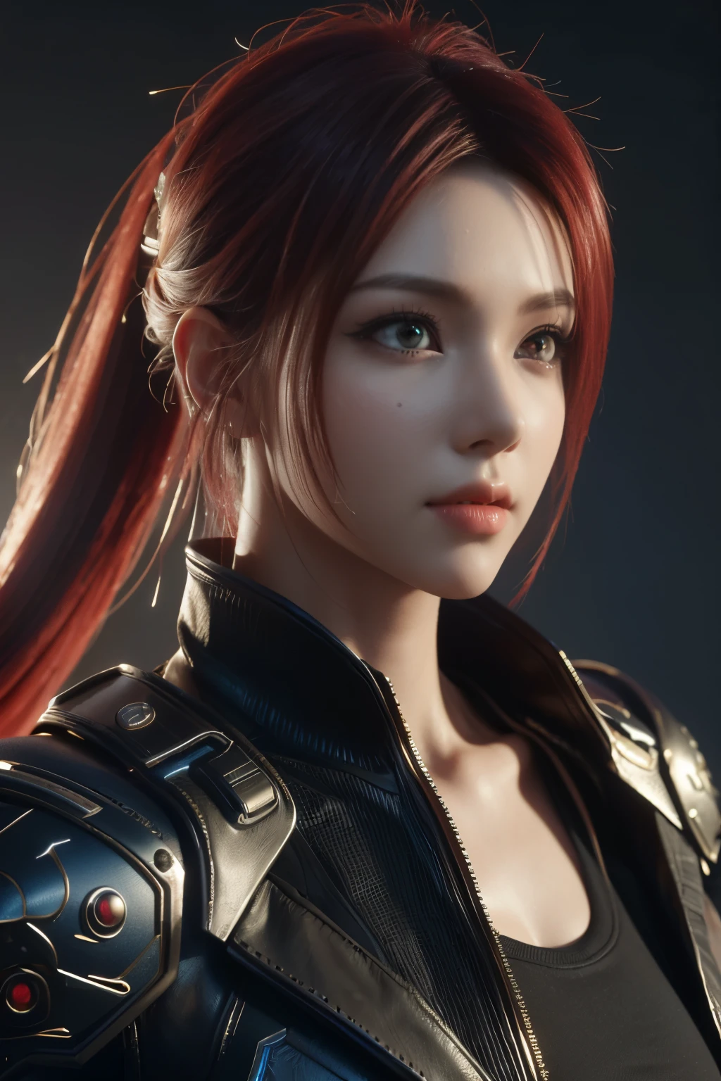 Game art，The best picture quality，Highest resolution，8K，((A bust photograph))，((Portrait))，((Head close-up))，(Rule of thirds)，Unreal Engine 5 rendering works， (The Girl of the Future)，(Female Warrior)， 22岁少女，(Female hackers)，(Rainbow hair，Ancient Oriental hairstyle)，((The pupils of the red eyes:1.3))，(A beautiful eye full of detail)，(Big breasts)，(Eye shadow)，优雅迷人，冷漠，((Anger))，(Cyberpunk jacket full of futuristic look，Joint Armor，There are exquisite Chinese patterns on the clothes，A flash of jewellery)，赛博朋克人物，未来风格， 拍照姿势，城市背景，Movie lights，Ray tracing，Game CG，((3D Unreal Engine))，oc渲染反射纹