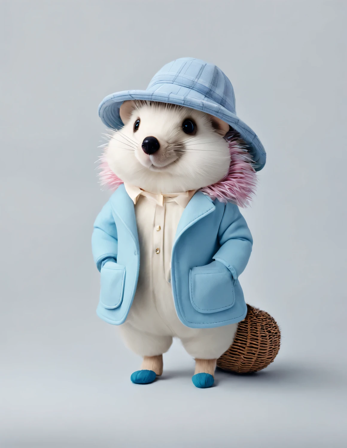 3D style doll design，（One is very fat、Very fashionable、Very cute little hedgehog）， Wearing a pink turtleneck and blue jacket，Winter scarf，jeans，Gloves，bow tie，small round hat（Decorated with flowers or feathers），（woman）handbag，cotton，flax，Wool is characterized by exquisite detailing and layering，Soft tones that combine a light blue coat and an off-white woven sweater，And the sharp contrast of black and white plaid pants，Create an elegant and modern urban style， Excited and happy smile，wearing sun hat，eery，Smiling all over，Shining white fluffy，big bright eyes，fluffy tail，Exquisite and delicate，fairy tale，Super details，Pixar style，bright colors，Natural light，Simple background in solid color，5 and ctane rendering，popular on artstation，gorgeous，super wide angle，8k，HD realistic