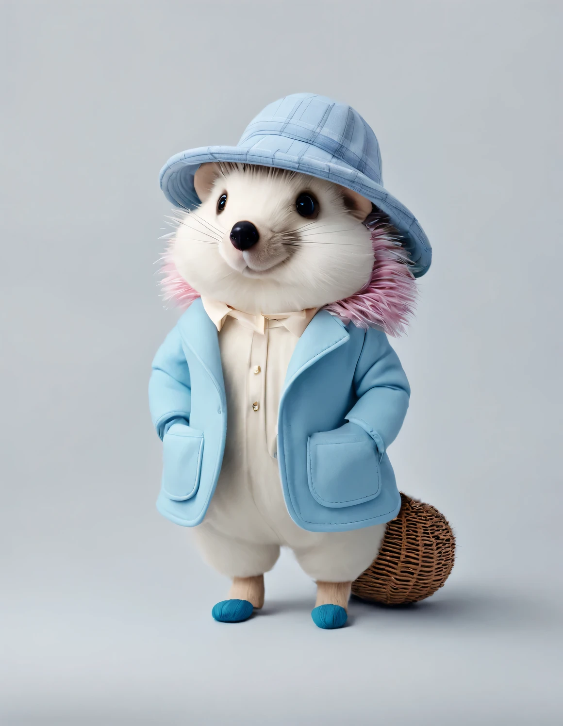 Conception de poupée de style 3D，（L&#39;un est très gros、Très à la mode、Très mignon petit hérisson）， Vêtue d&#39;un col roulé rose et d&#39;une veste bleue，écharpe d&#39;hiver，jeans，gants，noeud papillon，petit chapeau rond（Décoré de fleurs ou de plumes），（femme）Sac à main，coton，lin，La laine se caractérise par des détails et des superpositions exquis，Des tons doux qui associent un manteau bleu clair et un pull tissé blanc cassé，Et le contraste saisissant des pantalons à carreaux noirs et blancs，Créez un style urbain élégant et moderne， Sourire excité et heureux，porter un chapeau de soleil，étrange，souriant partout，Blanc brillant et duveteux，de grands yeux brillants，queue duveteuse，exquis et délicat，conte de fées，super détails，À la manière de Pixar，couleurs vives，Lumière naturelle，Fond simple en couleur unie，5 et rendu ctane，populaire sur ArtStation，magnifique，Super grand angle，8k，HD réaliste