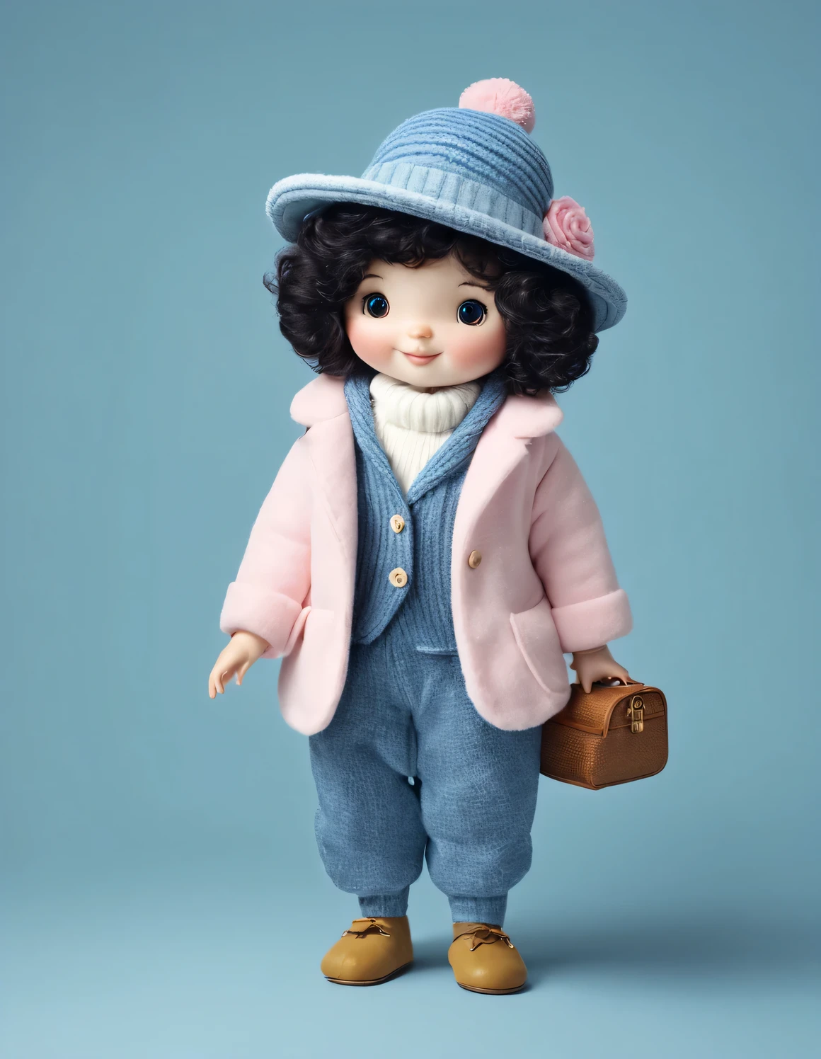 3D style doll design，（One is very fat、Very fashionable、Very cute little hedgehog）， Wearing a pink turtleneck and blue jacket，Winter scarf，jeans，Gloves，bow tie，small round hat（Decorated with flowers or feathers），（woman）handbag，cotton，flax，Wool is characterized by exquisite detailing and layering，Soft tones that combine a light blue coat and an off-white woven sweater，And the sharp contrast of black and white plaid pants，Create an elegant and modern urban style， Excited and happy smile，wearing sun hat，eery，Smiling all over，Shining white fluffy，big bright eyes，fluffy tail，Exquisite and delicate，fairy tale，Super details，Pixar style，bright colors，Natural light，Simple background in solid color，5 and ctane rendering，popular on artstation，gorgeous，super wide angle，8k，HD realistic