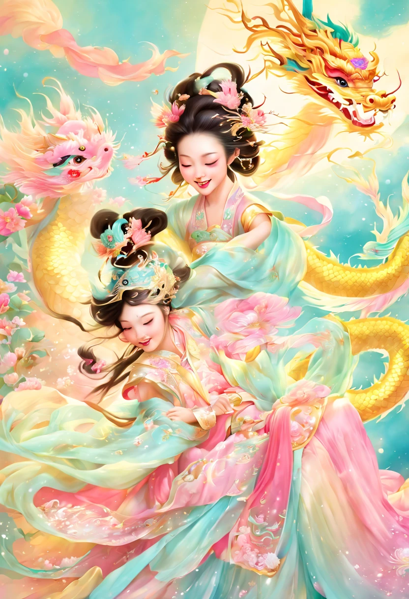 escena alegre y festiva con una linda y animada princesa china antigua abrazando un peluche de textura esponjosa, Dragón bebé chino mítico. ambos estan durmiendo tranquilos. El fondo está realzado con decoraciones festivas., Como linternas, Banners coloridos, y motivos tradicionales chinos, simboliza celebración y felicidad. Esta escena, rico en elementos culturales chinos antiguos, Capta una sensación de alegría y festividad., haciendo que el momento entre la princesa y el dragón sea aún más entrañable y mágico, (pintura de acuarela floral:1.5), (Saturación ultraalta, colores brillantes y vivos: 1.5), (NSFW), (De cara al espectador: 1.5)，(pintura en tonos pasteles: 1.8)