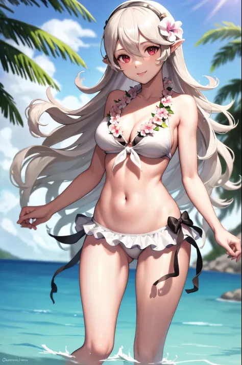 masterpiece, best quality, sumCorrin, front tie white bikini, frilly bikini bottoms, flower necklace, lei, looking at viewer, smile, standing, standing in water, black ribbon, 