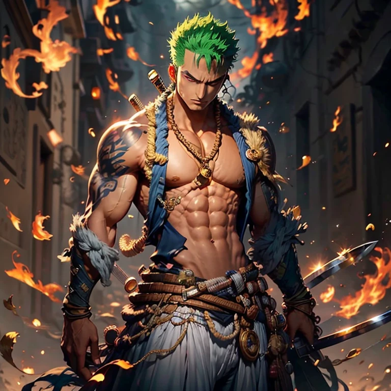 (Masterpiece, 4k, 8K, Best Quality: 1.2), Zoro from One Piece, Egyptian God transformation, Standing in a powerful pose, Sleeveless blue shirt opened to reveal toned abs and scar, White bandana worn around his neck, Wiked expression on his face, Sword clenched tightly in one hand, Stance legs hip-width apart, A golden aura surrounding his body, Egyptian gods' symbols etched on his skin, Godly power radiating from within.