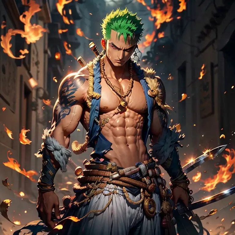 (Masterpiece, 4k, 8K, Best Quality: 1.2), Zoro from One Piece, Egyptian God transformation, Standing in a powerful pose, Sleevel...