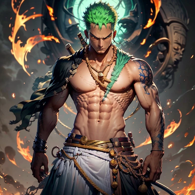 (obra de arte, 4K, 8K, melhor qualidade: 1.2), Zoro de uma peça, Transformação do Deus Egípcio, de pé em uma pose poderosa, Camisa azul sem mangas aberta para revelar abdômen tonificado e cicatriz, Bandana branca usada no pescoço, Expressão de Wiked em seu rosto, Espada bem apertada em uma mão, Postura com as pernas afastadas na largura do quadril, Uma aura dourada envolvendo seu corpo, Símbolos dos deuses egípcios gravados em sua pele, Poder divino irradiando de dentro.