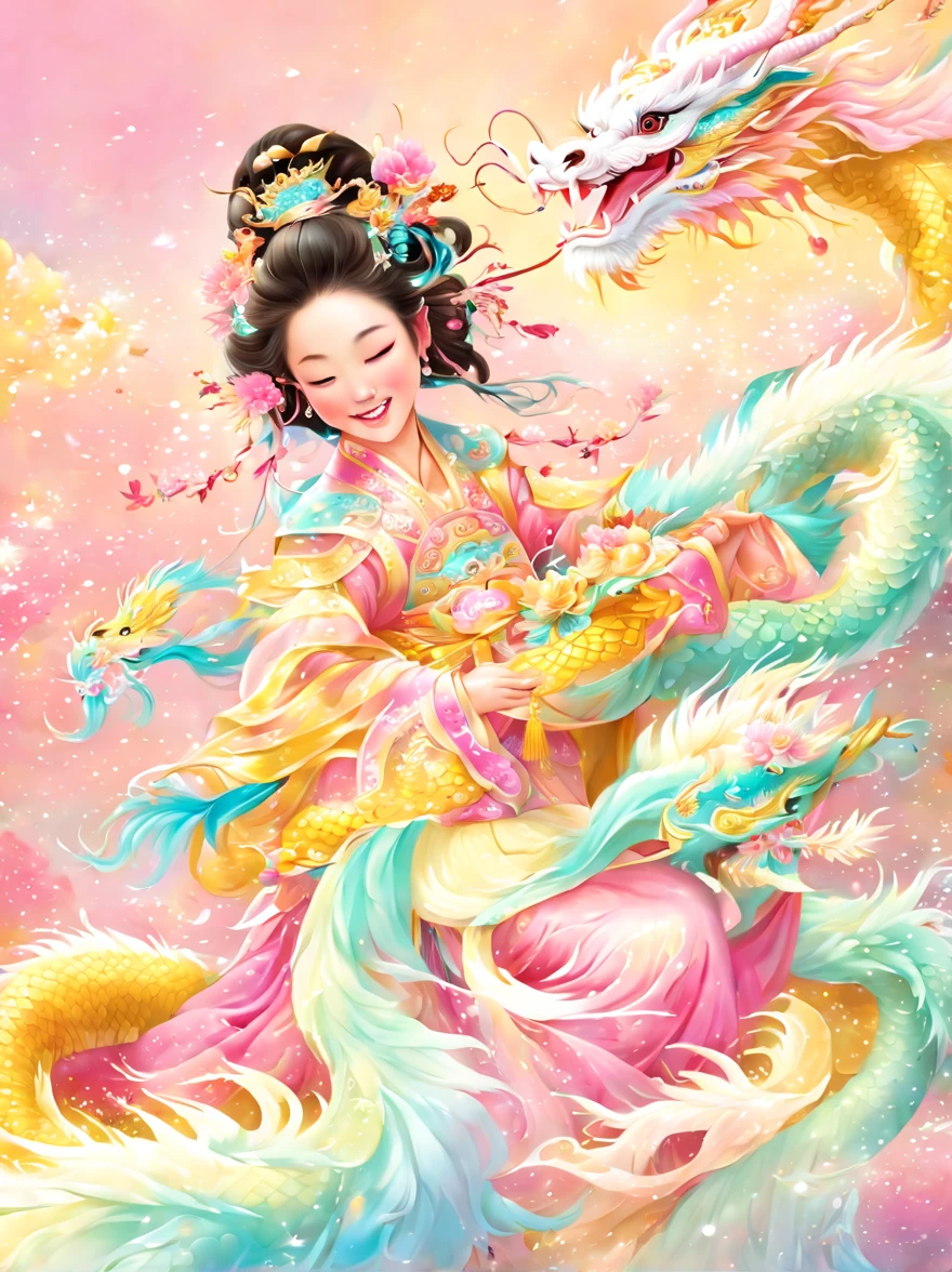 joyful and festive scene featuring a cute and lively 5-year-old ancient Chinese princess embracing a fluffy-textured, mythical Chinese baby dragon. Both are sleeping peacefully. The background is enhanced with festive decorations, such as lanterns, colorful banners, and traditional Chinese motifs, symbolizing celebration and happiness. This scene, rich in ancient Chinese cultural elements, captures a sense of joy and festivity, making the moment between the princess and the dragon even more endearing and magical, (花卉水彩画:1.5), (Ultra high saturation, bright and vivid colors: 1.5), (nsfw), (Facing the viewer: 1.5)，(pastel tone painting: 1.8)