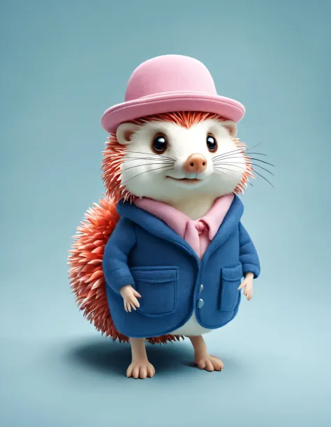 3D style doll design, (a very fat, fashionable, and cute little hedgehog),
Wearing a pink turtleneck sweater and blue jacket, winter scarf, jeans, gloves, bow tie, small round hat (decorated with flowers or feathers), tie, sunglasses, (female) handbag, cot...