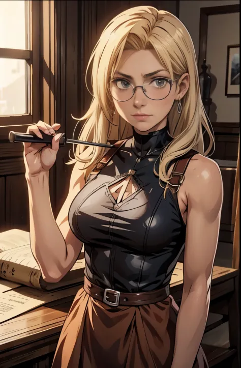 anime image of a woman in a brown dress and glasses, looking like annie leonhart, screenshot from a 2012s anime, female anime ch...