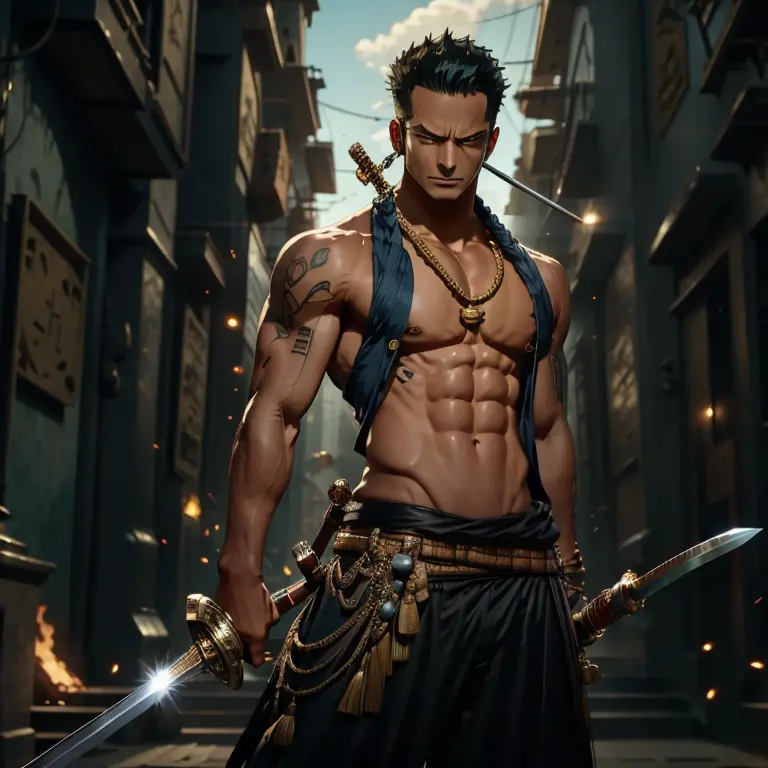 (Masterpiece, 4k, 8K, Best Quality: 1.2), Zoro from One Piece, Egyptian God transformation, Standing in a powerful pose, Sleevel...