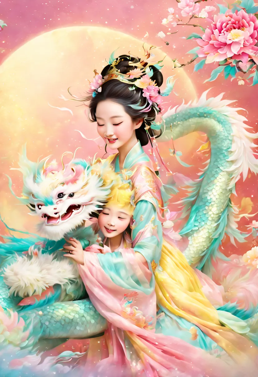 joyful and festive scene featuring a cute and lively 5-year-old ancient Chinese princess embracing a fluffy-textured, mythical C...