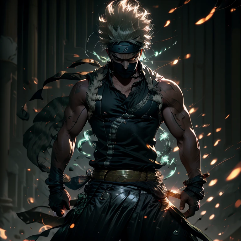 (obra de arte, 4K, 8K, melhor qualidade: 1.2), Zoro de uma peça, Transformação do Deus Egípcio, de pé em uma pose poderosa, Camisa azul sem mangas aberta para revelar abdômen tonificado e cicatriz, Bandana branca usada no pescoço, Expressão de Wiked em seu rosto, Espada bem apertada em uma mão, Postura com as pernas afastadas na largura do quadril, Uma aura dourada envolvendo seu corpo, Símbolos dos deuses egípcios gravados em sua pele, Poder divino irradiando de dentro.