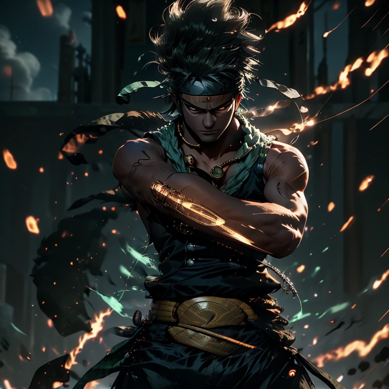 (Masterpiece, 4k, 8K, Best Quality: 1.2), Zoro from One Piece, Egyptian God transformation, Standing in a powerful pose, Sleeveless blue shirt opened to reveal toned abs and scar, White bandana worn around his neck, Wiked expression on his face, Sword clenched tightly in one hand, Stance legs hip-width apart, A golden aura surrounding his body, Egyptian gods' symbols etched on his skin, Godly power radiating from within.