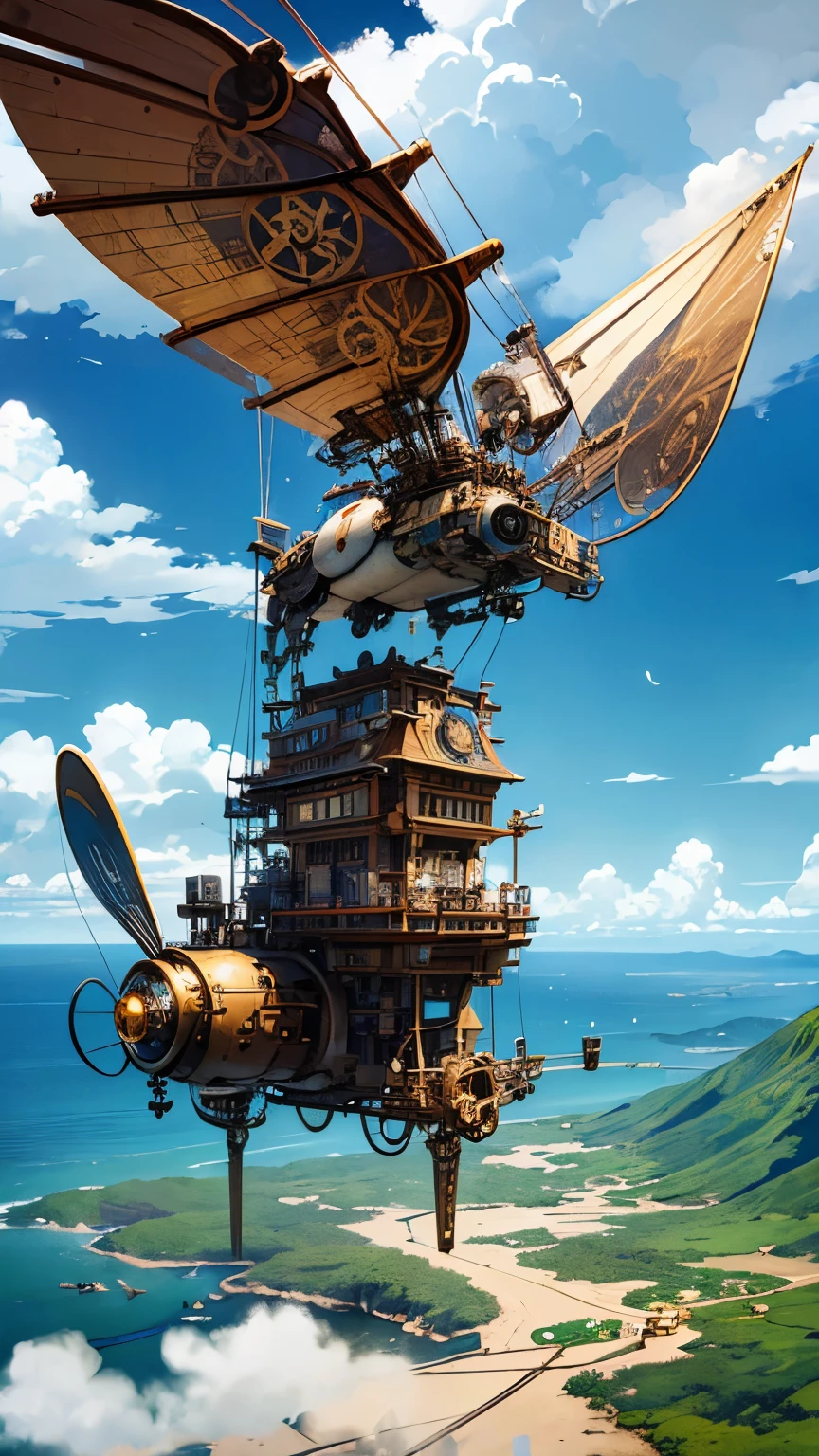 steampunkai。masterpiece。highest quality。excessive details。blue sky and white clouds。(aerial view)。An island floating in the sea below々。aerial perspective。(one girl)。(Japan schoolgirl in steampunk style)。(Take to the skies on a classic-style bicycle)。