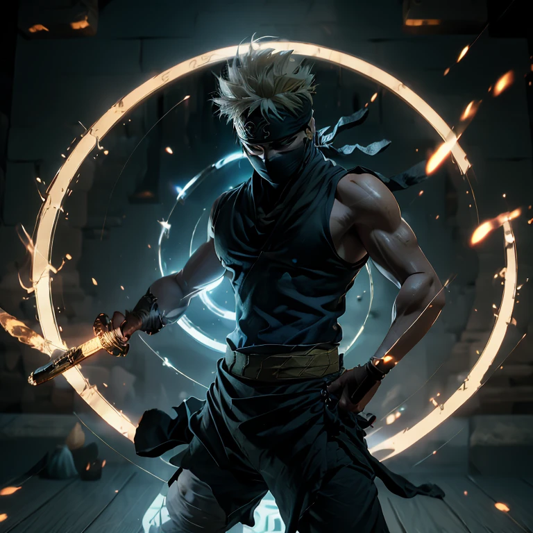 (Masterpiece, 4k, 8K, Best Quality: 1.2), Zoro from One Piece, Egyptian God transformation, Standing in a powerful pose, Sleeveless blue shirt opened to reveal toned abs and scar, White bandana worn around his neck, Wiked expression on his face, Sword clenched tightly in one hand, Stance legs hip-width apart, A golden aura surrounding his body, Egyptian gods' symbols etched on his skin, Godly power radiating from within.