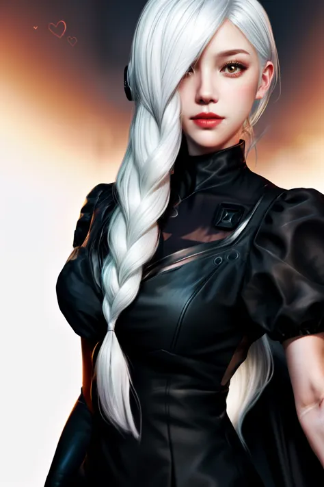 a close up of a person with long white hair and a black dress, cyborg - girl with silver hair, tifa lockhart with white hair, wh...