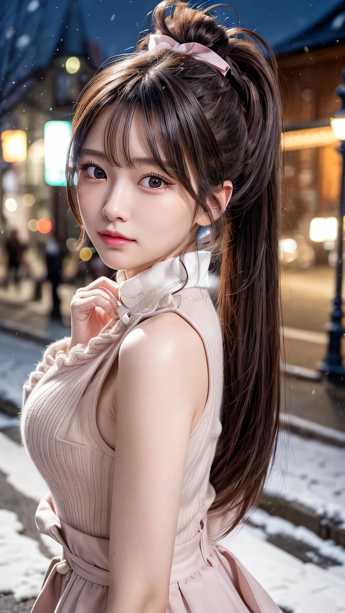 blush,long hair ponytail,big ribbon in her hair,(8K, Raw photo, best quality, muste piece:1.2), (Reality, photorealistic:1.4), (Highly detailed 8K wallpaper),  sharp focus, Depth of bounds written, cinematic lighting, soft light, detailed beauty eye,Shiny and smooth light brown ponytail, asymmetrical bangs, shiny skin, super detailed skin ,high resolution, high detail, detailed hairstyle, detailed beauty face, hyper real, perfect limbs, perfect anatomy ,1 Japanese girl,famous japanese idol, perfect female body,shy smile,short eyelashes,double-edged eyelids,look straight here,Hair style is ponytail,wear a ribbon, office,long ponytail hairstyle,Wearing scrunchies,wearing a long coat,The Street,Stand up straight and face me,So that the whole body can be seen,winter,warm clothes,look straight at me,wearing a scarf,It's snowing,european cityscape,cobblestone road,European churches can be seen in the background,in front of a church in europe,night time,illumination is shining,chest is small