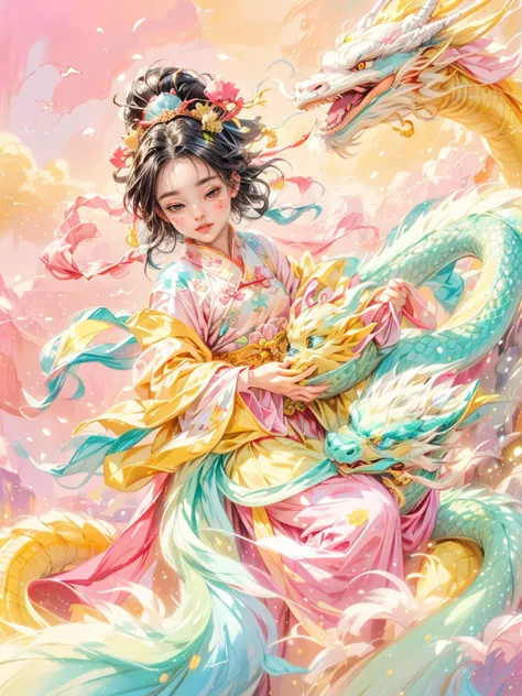 dragonjoyful and festive scene featuring a cute and lively 5-year-old ancient Chinese princess embracing a fluffy-textured, myth...