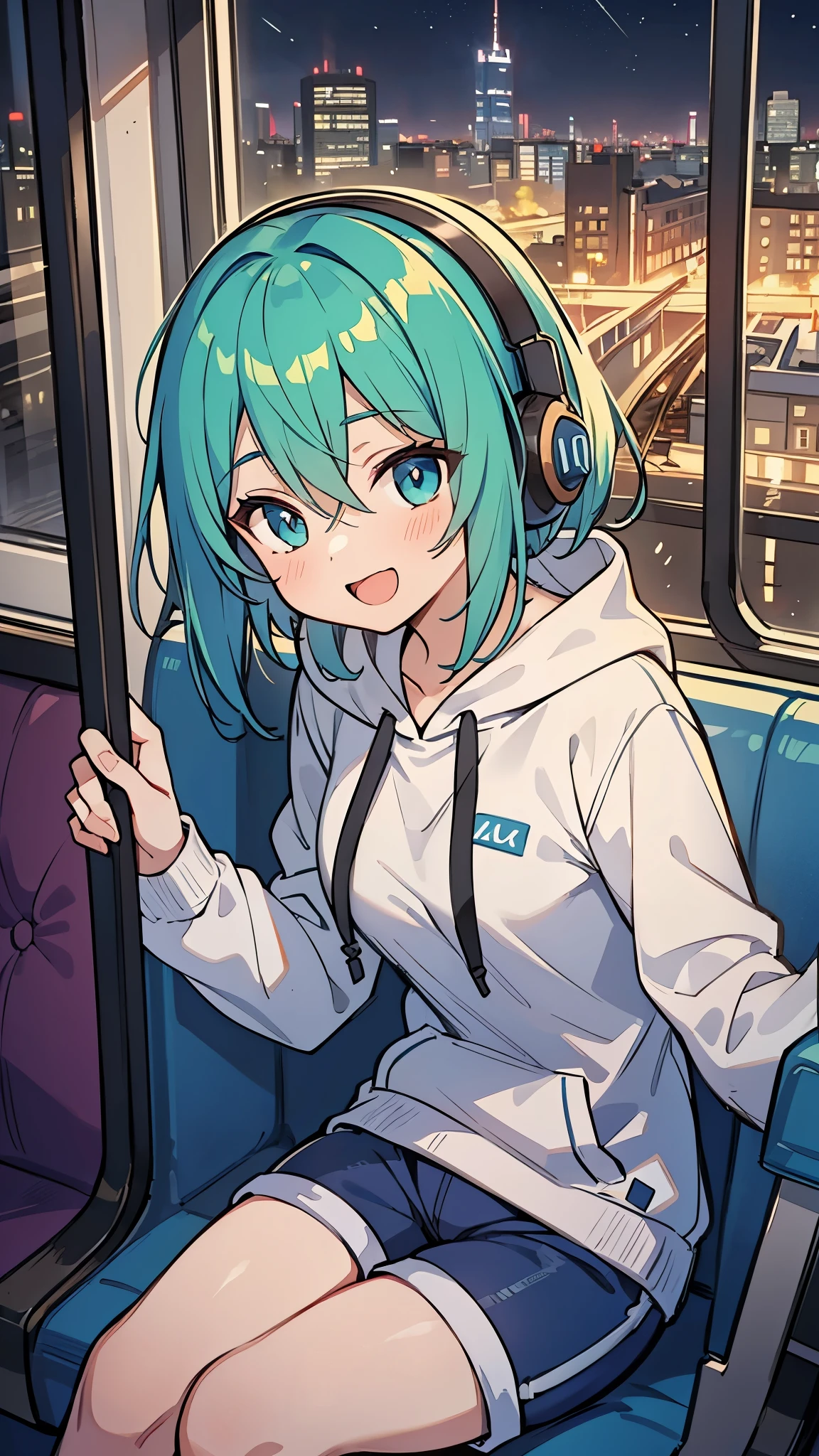 ((A Pretty girl is sitting in the train)), ((wearing hoodie and hot pants)), Headphone, Loli face, ((master piece, top-quality, ultra-definition, high resolution)), anime girl, ((ultra-detailed illust:1.2)), only one person, bangs, hair between eye, green colored hair, beautiful hair, Blue colored eyes, Shiny eyes, Beautiful eyes, Medium breasts, Big smile, opened mouth, ((night cityscape))