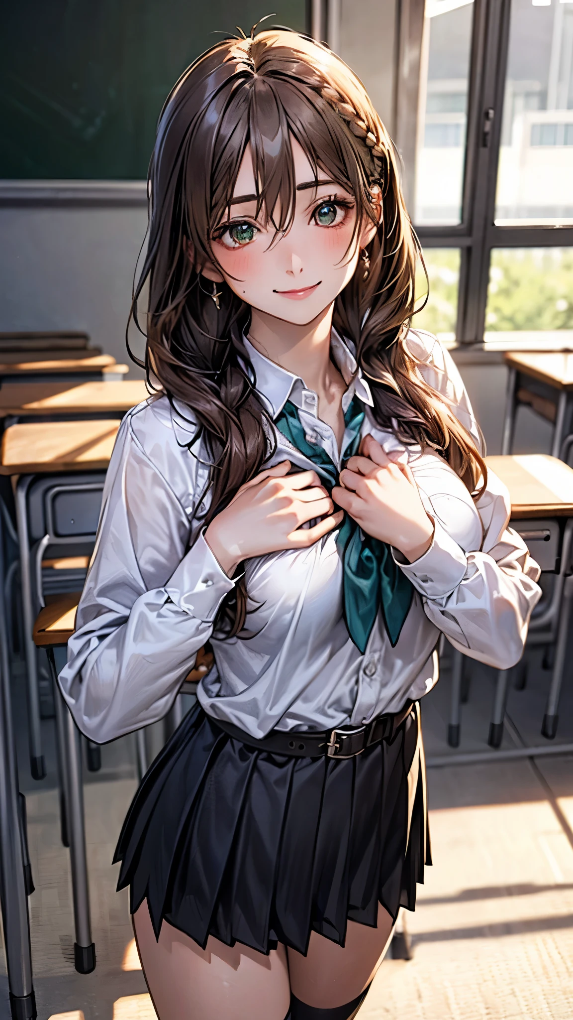 (masterpiece:1.2, top-quality), (realistic, photorealistic:1.4), beautiful illustration, (natural side lighting, movie lighting), nsfw, 
looking at viewer, cowboy shot, front view:0.6, 1 girl, japanese, high school girl, perfect face, cute and symmetrical face, shiny skin, 
(long hair:1.2, braid:1.2, light brown hair), hair between eyes, emerald green eyes, long eye lasher, (large breasts:0.8, seductive thighs), 
beautiful hair, beautiful face, beautiful detailed eyes, beautiful clavicle, beautiful body, beautiful chest, beautiful thigh, beautiful legs, 
((detailed cloth texture, , belt, long sleeves white collared shirts, black pleated skirt, red bow, socks)), 
(beautiful scenery), night, classroom, walking, hands on chest, (cute, lovely smile, upper eyes), 