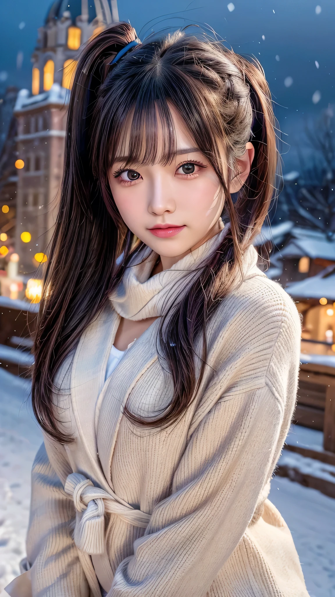 blush,long hair ponytail,big ribbon in her hair,(8K, Raw photo, best quality, muste piece:1.2), (Reality, photorealistic:1.4), (Highly detailed 8K wallpaper),  sharp focus, Depth of bounds written, cinematic lighting, soft light, detailed beauty eye,Shiny and smooth light brown ponytail, asymmetrical bangs, shiny skin, super detailed skin ,high resolution, high detail, detailed hairstyle, detailed beauty face, hyper real, perfect limbs, perfect anatomy ,1 Japanese girl,famous japanese idol, perfect female body,shy smile,short eyelashes,double-edged eyelids,look straight here,Hair style is ponytail,wear a ribbon, office,long ponytail hairstyle,Wearing scrunchies,wearing a long coat,The Street,Stand up straight and face me,So that the whole body can be seen,winter,warm clothes,look straight at me,wearing a scarf,It's snowing,european cityscape,cobblestone road,European churches can be seen in the background,in front of a church in europe,night time,illumination is shining,chest is small