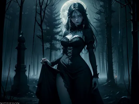 bitch, demon, killjoy, fucking nature, high quality, ultra HD, masterpiece, digital sketch, queen of the dead, detailed features, hauntingly beautiful face and eyes, dark lipstick, flowing dark hair, ((gothic style sexy dress)), sexual pose, dark and mysti...