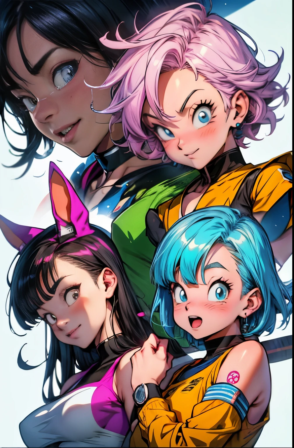 drei Anime-Figuren posieren zusammen für ein Foto, Saiyajin-Mädchen, Ecchi-Anime-Stil, Dragonball-Stil, Bulma aus Dragonball, im Anime-Stil, HQ-Kunstwerk, fan art, hochwertiges Fanart, Dragon Ball Z-Stil, Anime Mädchen, android 18, offizielles Fanart, HD-Kunstwerk, dragon ball artstyle, :14 Anime-Stil der 80er