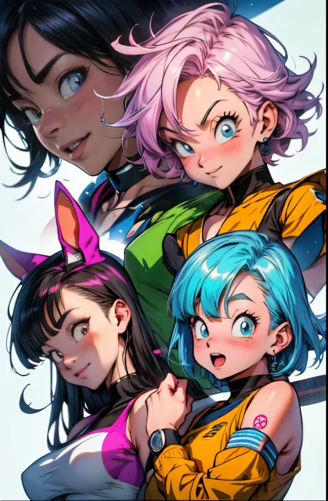 three anime characters are posing for a picture together, saiyan girl, ecchi anime style, dragon ball style, bulma from dragon b...