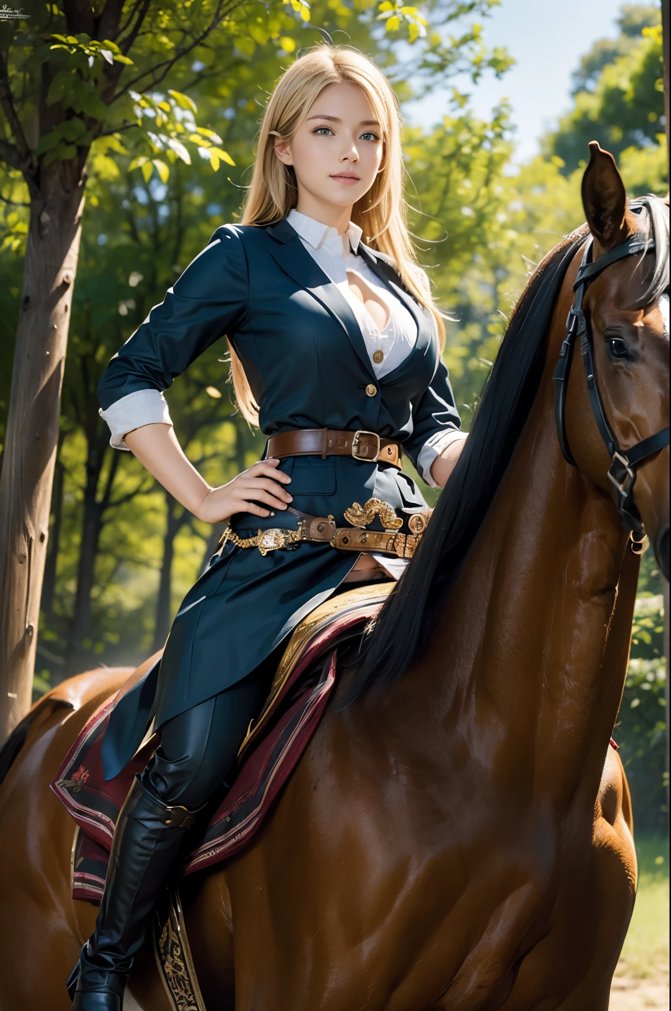 (masterpiece: 1.5), (highest quality: 1.2), realistic, intricate details, cinematic light, (horseback riding, riding a horse: 1.3), pants, cowboy shot, 1 girl, blonde hair, long hair, green eyes, alone, abdomen, boots, smile, belly button, belt, cleavage, break, rim lighting, spot lighting, (beautiful and clear background: 1.2), detailed background, (Dense face and beautiful eyes), (close up of face :1.2)