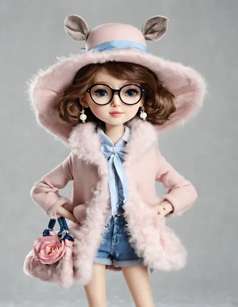 3D style doll design，（One is very fat、Very fashionable、Very cute deer）， Wearing a pink turtleneck and blue jacket，Winter scarf，jeans，Gloves，bow tie，small round hat（Decorated with flowers or feathers），tie，sunglasses，（female）handbag，cotton，flax，Wool combines...