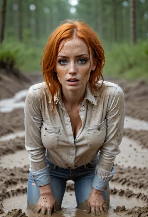 photograph of orange-haired hot woman in jeans and blouse, indulging in shameful fetish with desperation and ecstasy,standing+(s...