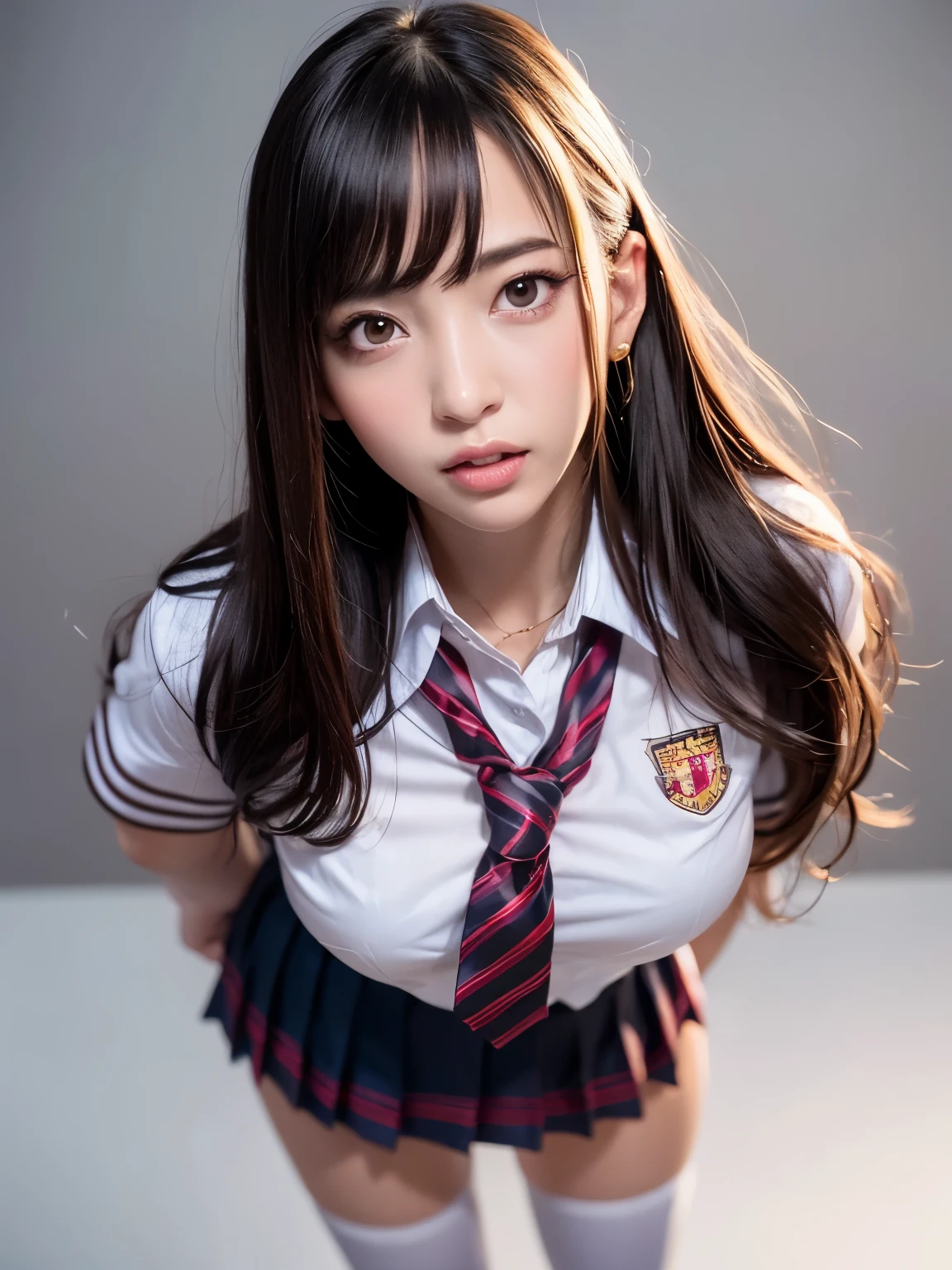 （highest quality，4K，masterpiece：1.2），Beautiful woman，1 girl，sexy：1.1，dark yellow hair：1.1，Woman in school uniform，Drenched uniform，super detailed face，detailed lips，fine eyes，double eyelid，miniskirt white stockings，stand up