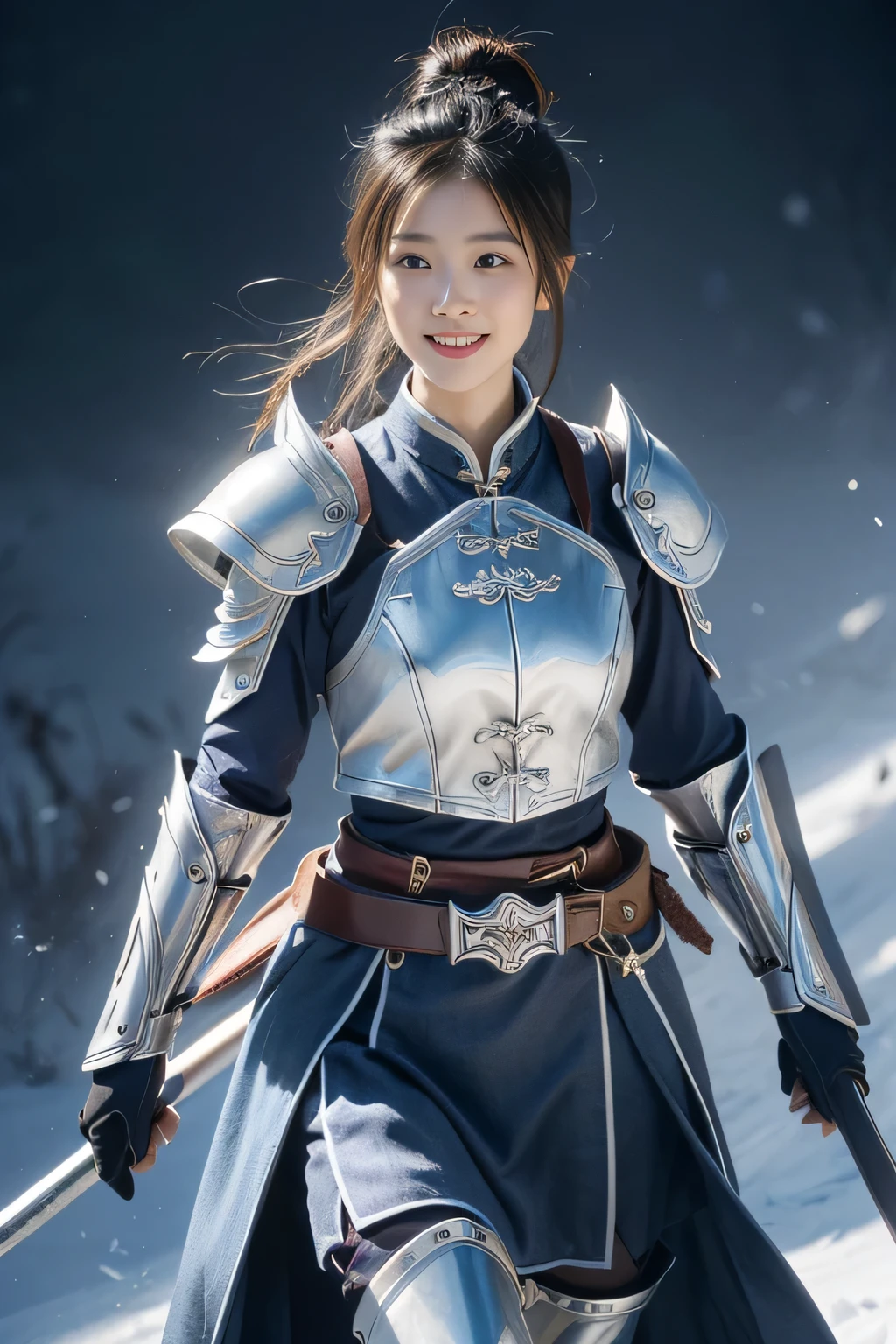 Chinese female general Hua Mulan，Navy blue Hufu lining，Silver metal breastplate，silver helmet，battlefield background，majestic，Smile（open mouth）（The corners of the mouth are raised），Leather tunic，Knee armor，Eight clones，silver metal headband，Hair bun raised high。wild wilderness background