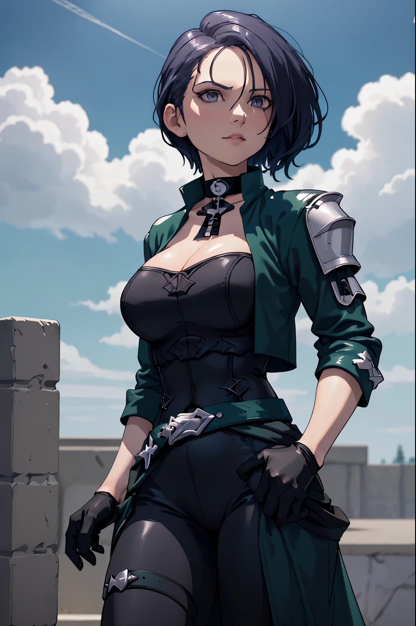 masterpiece, best quality, defShamir, collar, shoulder pad, black shirt, black gloves, bodice, green jacket, green belt, black pants, cowboy shot, large breasts, standing, looking at viewer, serious, from below, looking down, sky, clouds 