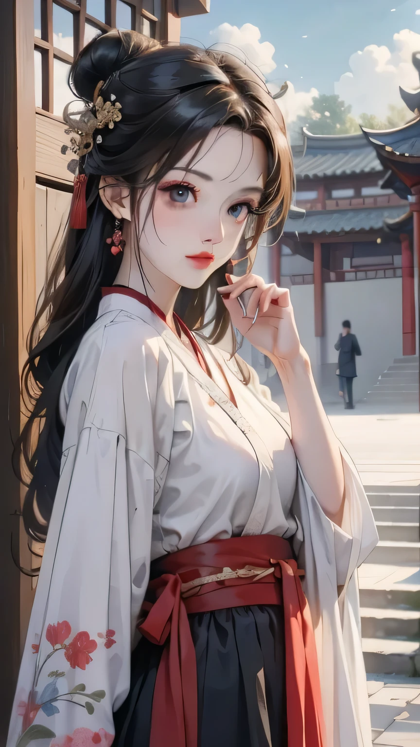 Black hair, Brown eyes, shairband, ribbons, Gold beaded butterfly hairpin，With the clouds，Red Belt, Blue Hanfu,, Horse face skirt，Tuan fan, Fan in hand, BREAK outdoors, a temple background, China-style，BREAK looking at viewer, BREAK BREAK BREAK (tmasterpiece:1.2), Best quality at best, A high resolution, Unity8k wallpapers, (illustratio:0.8), (美丽细致的眼睛:1.6), Extremely detailed face, perfect litthing, extremely higly detailed, (Perfect hands, perfect anatomia),