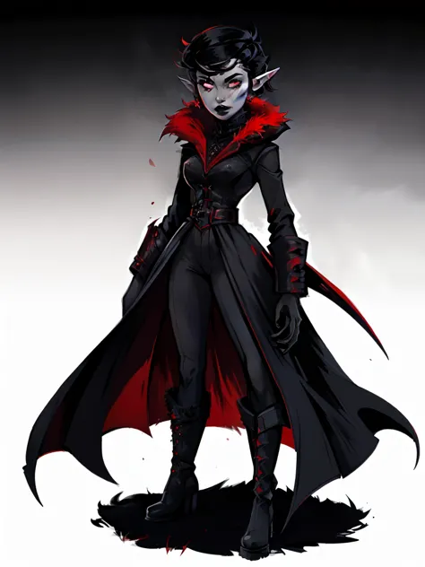 full body portrait, 1girl, short combed hair, pixie cut, combed hair, forehead, drow, black lipstick, fur overcoat, red shirt, (red undercoat), high collar, solo, blank background, white background, outside, gothic fantasy art, pointy ears, high laced boot...