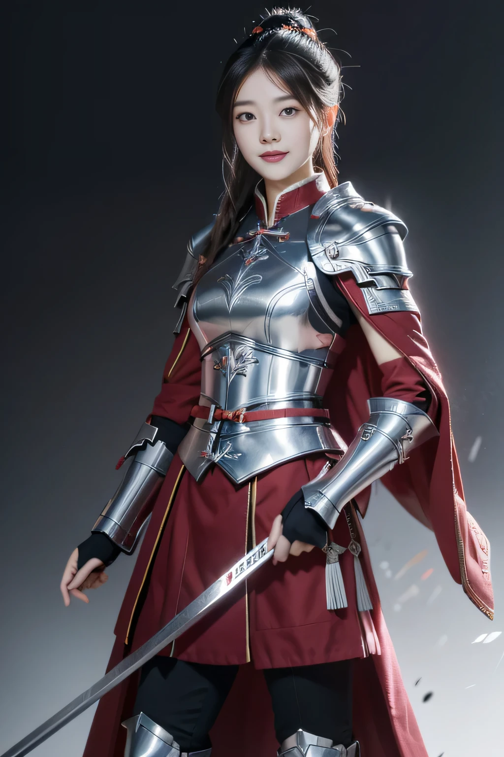 Chinese female general Hua Mulan，Vermilion Hufu lining，，Crimson cape，Silver metal breastplate，silver helmet，battlefield background，majestic，Smile（open mouth）（The corners of the mouth are raised），Leather tunic，Knee armor，Eight clones，silver metal headband，Hair bun raised high。wild wilderness background