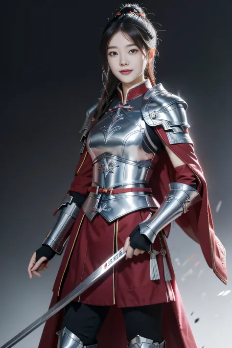 Chinese female general Hua Mulan，Vermilion Hufu lining，，Crimson cape，Silver metal breastplate，silver helmet，battlefield backgrou...
