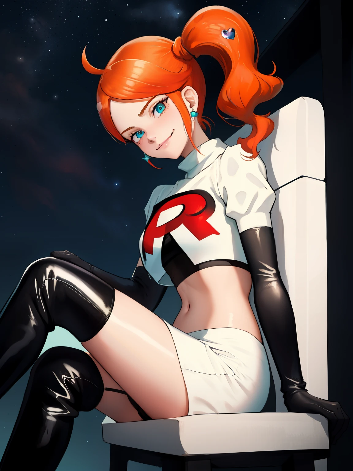 1girl, solo ,sonia, side ponytail,orange hair, heart hair ornaments, aqua eyes ,glossy lips, earings ,team rocket uniform, red letter R, white skirt,white crop top,black thigh-high boots, black elbow gloves, closed mouth, evil smile, looking down on viewer, sitting down ,legs crossed, night sky background