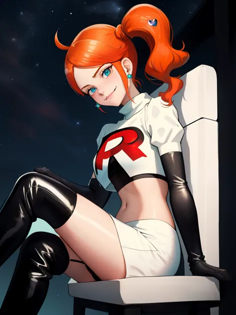 1girl, solo ,sonia, side ponytail,orange hair, heart hair ornaments, aqua eyes ,glossy lips, earings ,team rocket uniform, red letter R, white skirt,white crop top,black thigh-high boots, black elbow gloves, closed mouth, evil smile, looking down on viewer...