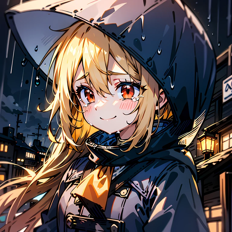 girl, blonde hair, red eyes, rain, looking down, smile, tears, blue raincoat, hood up, town