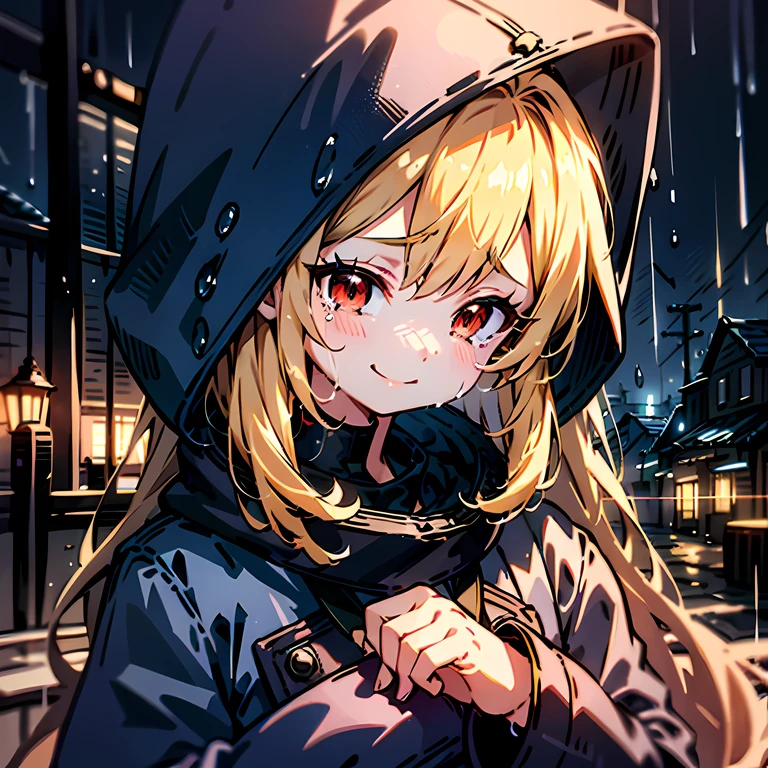 女の子, 金髪, 赤い目, 雨, 見下ろす, 笑顔, 涙, blue 雨coat, フードをかぶる, 町