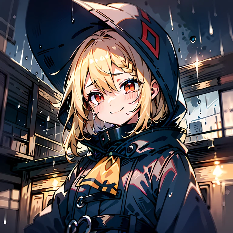 girl, blonde hair, red eyes, rain, looking down, smile, tears, blue raincoat, hood up, town